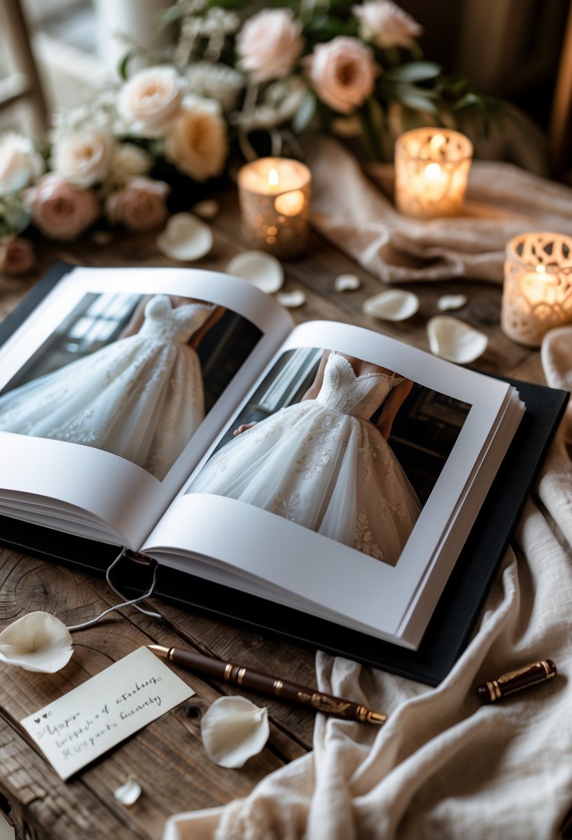 An open photo album on a wooden table showing pictures of a wedding dress, surrounded by rose petals and a handwritten note.
