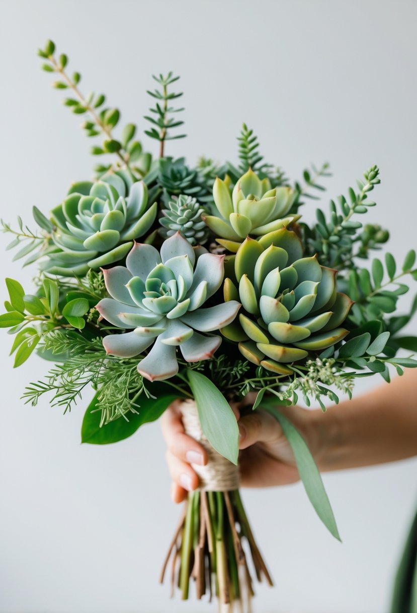 A small wedding bouquet made of succulents and greenery held against a neutral background.