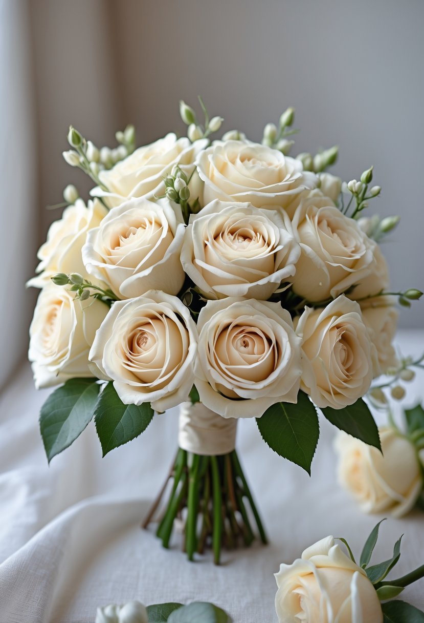 A small bouquet of creamy garden roses with green leaves on a softly blurred background.