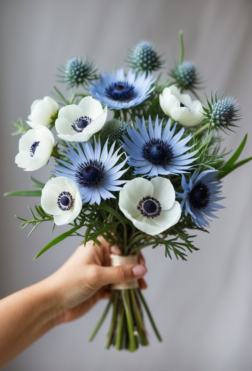 A small wedding bouquet with blue thistle and white anemone flowers held against a neutral background.