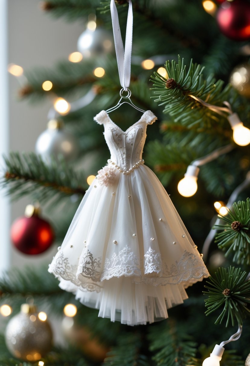 A miniature white wedding dress ornament hanging on a decorated Christmas tree with lights and baubles.