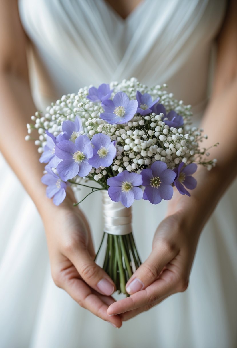 A small wedding bouquet featuring violet flowers and white baby's breath held against a soft neutral background.