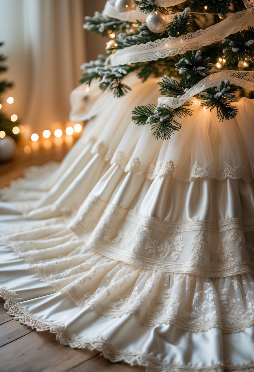 A decorative tree skirt made from wedding dress fabric wrapped around the base of a Christmas tree with soft lighting and holiday decorations.