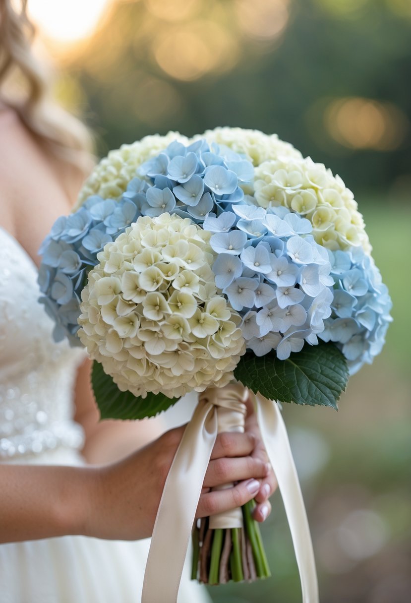 Small wedding bouquet made of pale blue and white mini hydrangea pomanders tied with a satin ribbon, held in hands against a blurred natural background.