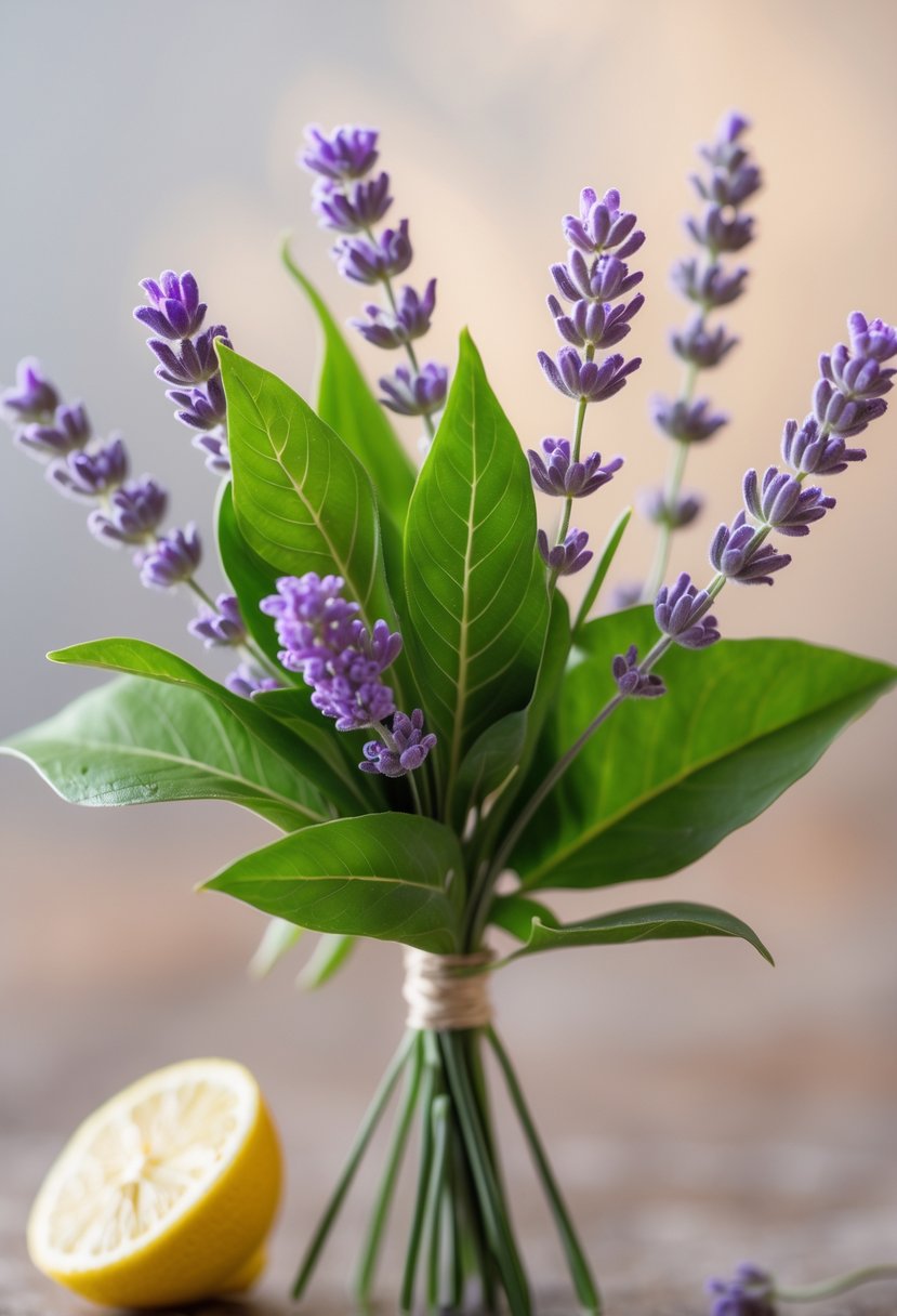 A small wedding bouquet made of soft lavender sprigs and green lemon leaves on a blurred neutral background.