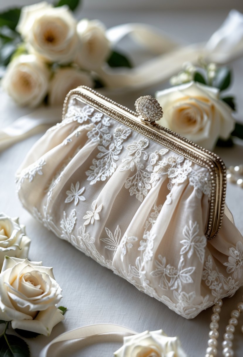 A handmade clutch made from wedding dress fabric placed on a surface with white roses and pearls around it.