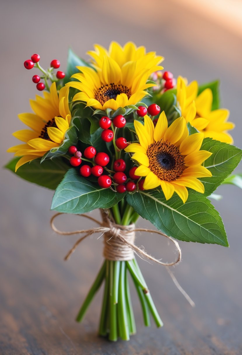A small bouquet of sunflowers and red berries tied with twine against a blurred neutral background.