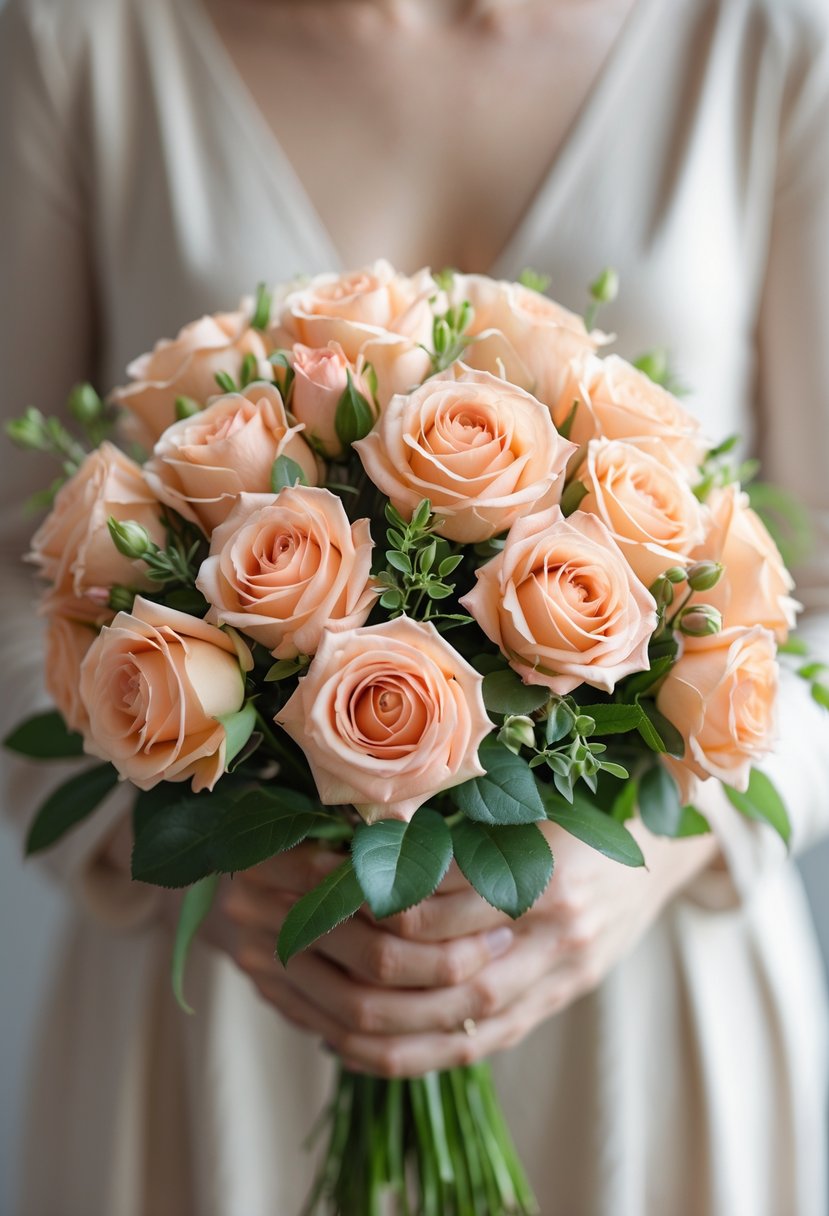 A small bouquet of peach-colored spray roses with green leaves held by a person against a blurred background.
