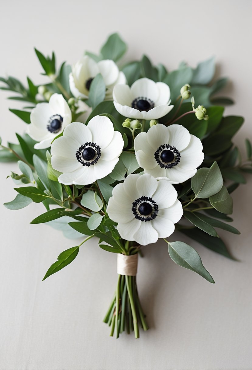 A small wedding bouquet with white anemone flowers and green leaves on a light background.