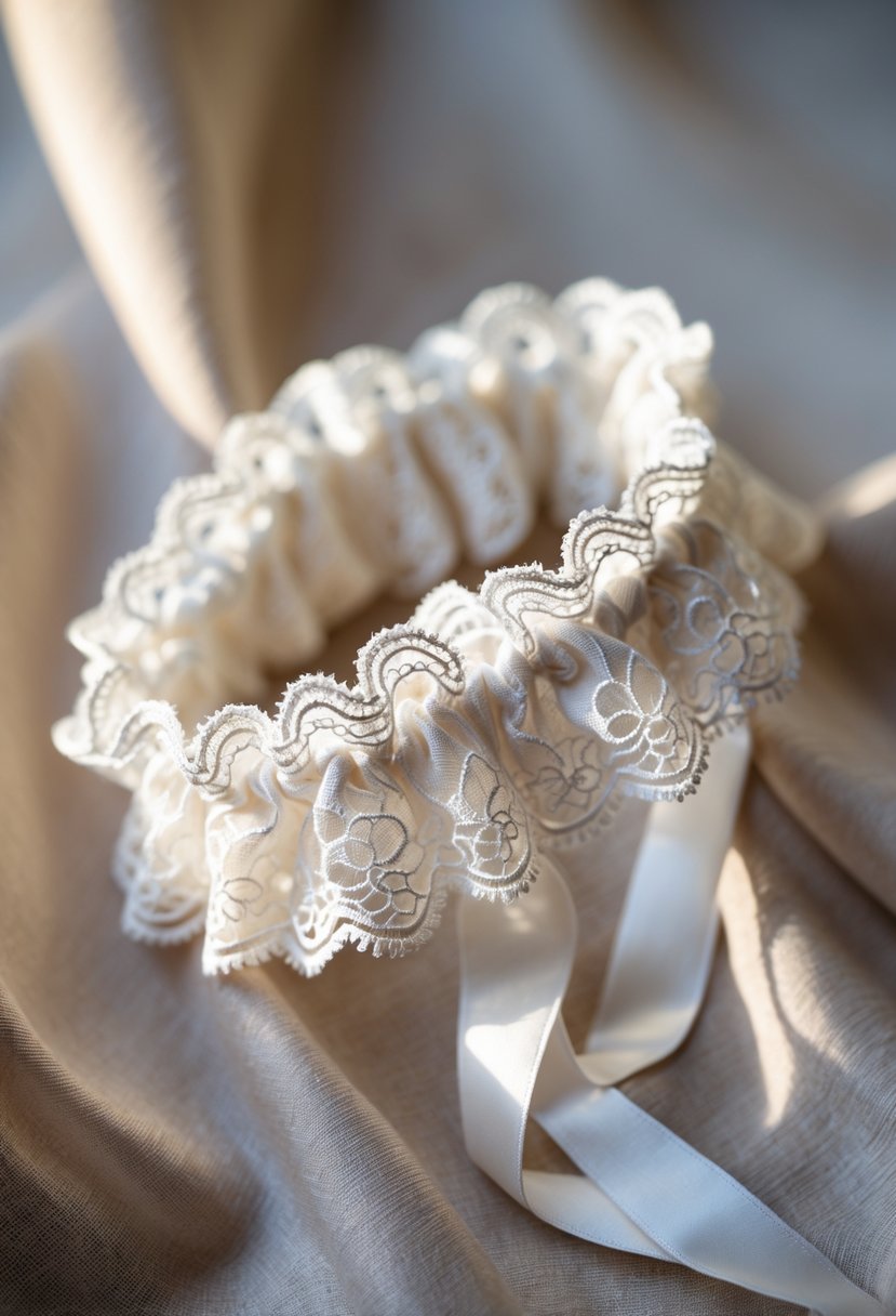 Close-up of a delicate white lace garter resting on a soft fabric background.