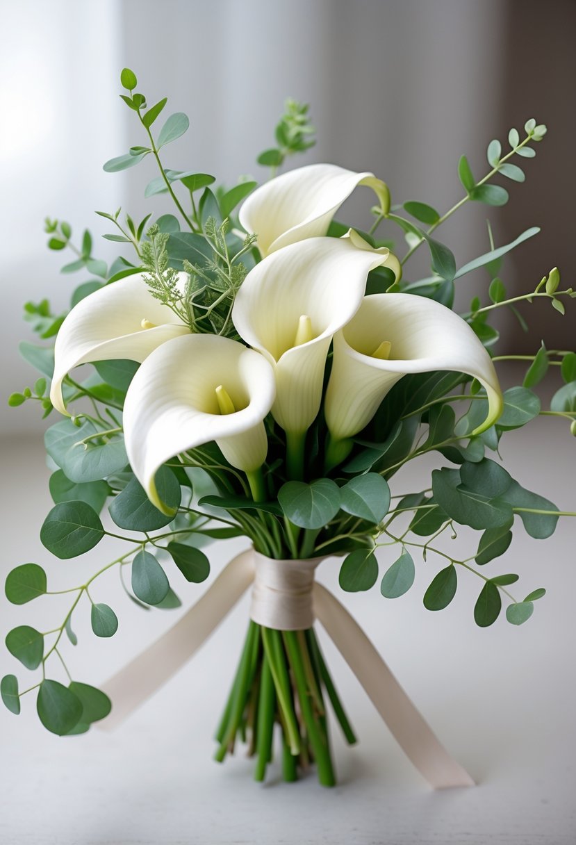 A small bouquet of white calla lilies with green ruscus leaves.
