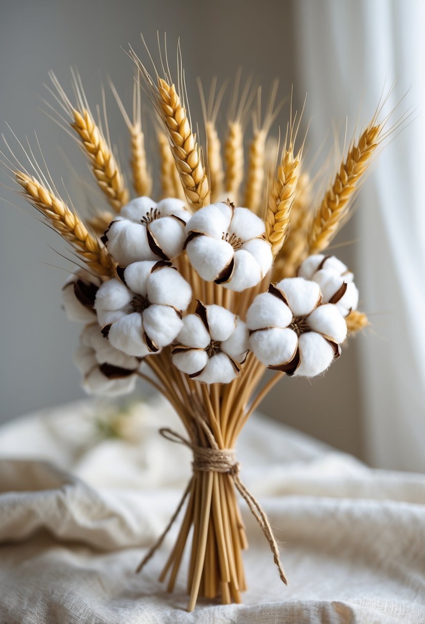 A small bouquet made of cotton bolls and wheat stalks tied together with twine on a neutral background.