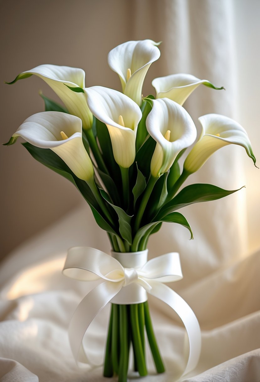 A small bouquet of white mini calla lilies tied with a white ribbon against a blurred neutral background.