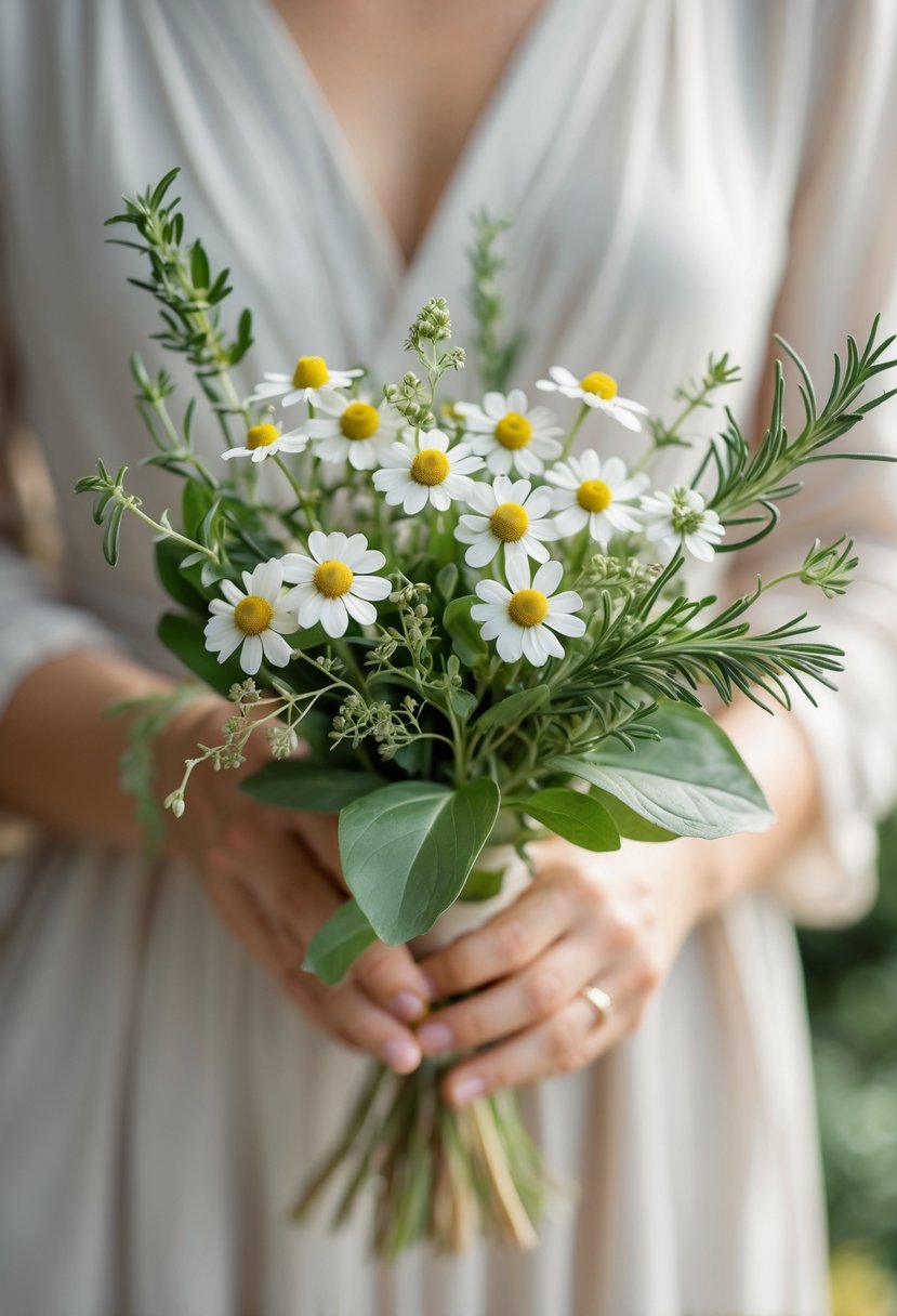 A small wedding bouquet of chamomile flowers and green herbs held by a person with a blurred background.