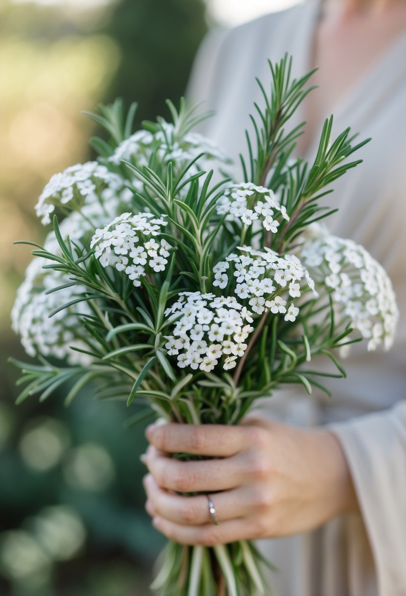 A small wedding bouquet made of white sweet alyssum flowers and green rosemary sprigs held outdoors.