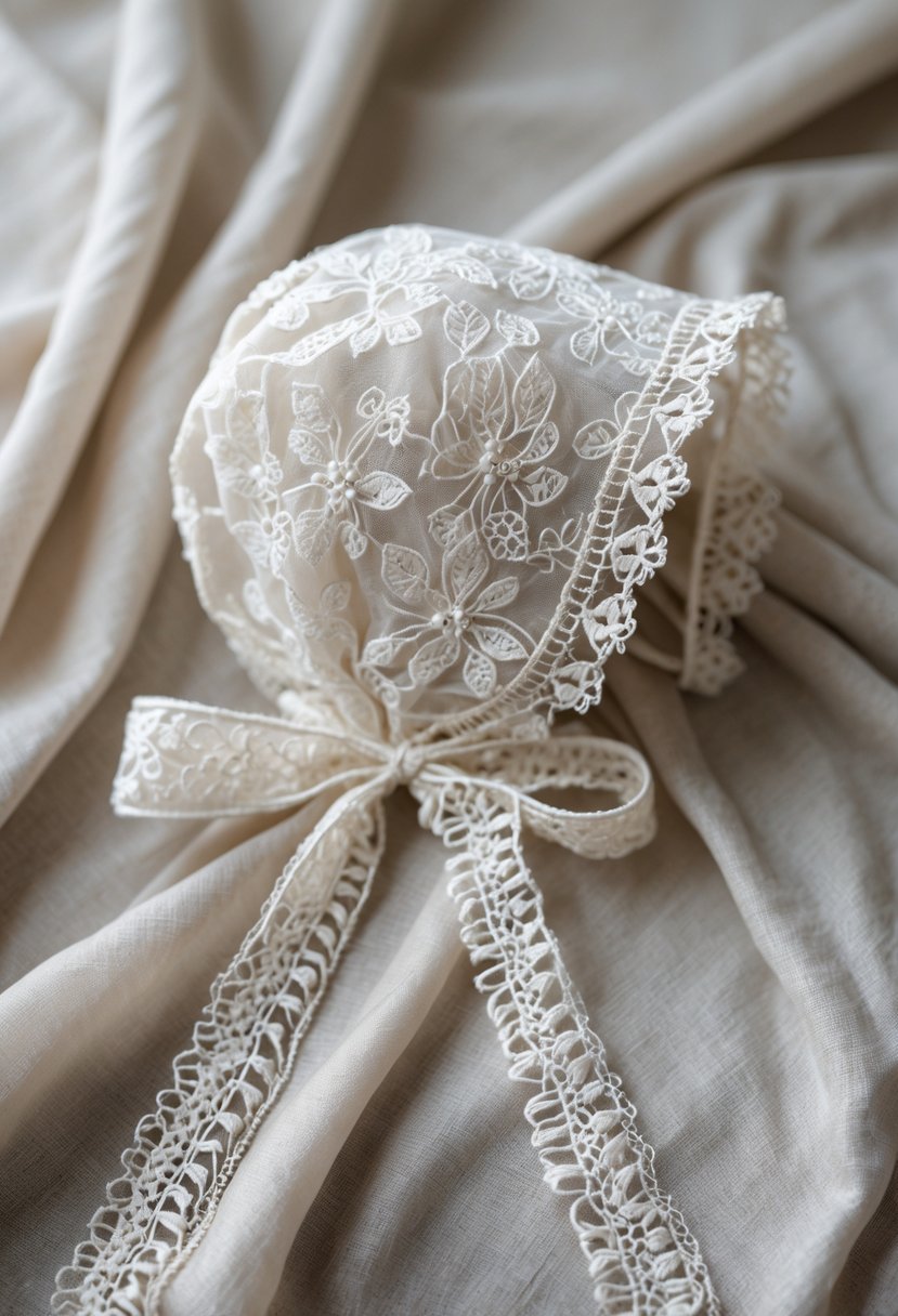 A delicate baby bonnet made from white lace resting on a soft fabric background.