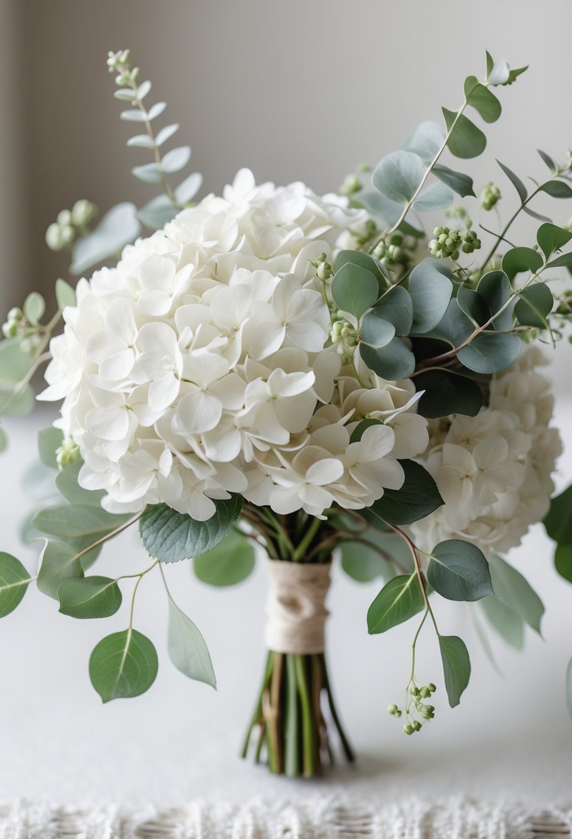 A small wedding bouquet of white hydrangea flowers with seeded eucalyptus leaves.
