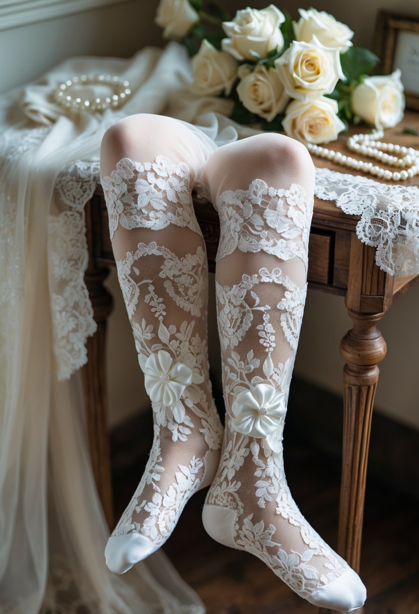 Close-up of bridal stockings with lace and wedding keepsake items on a wooden table.