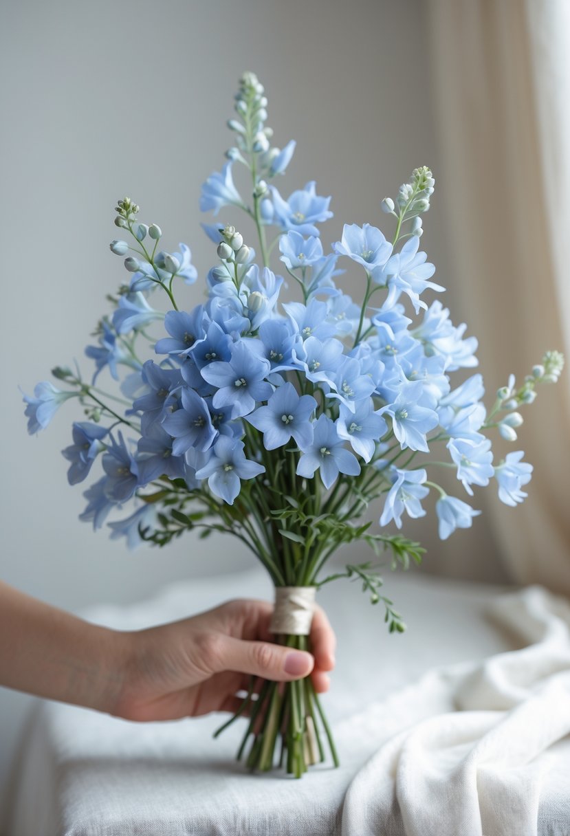 Small wedding bouquet of soft blue delphinium flowers on a light background.