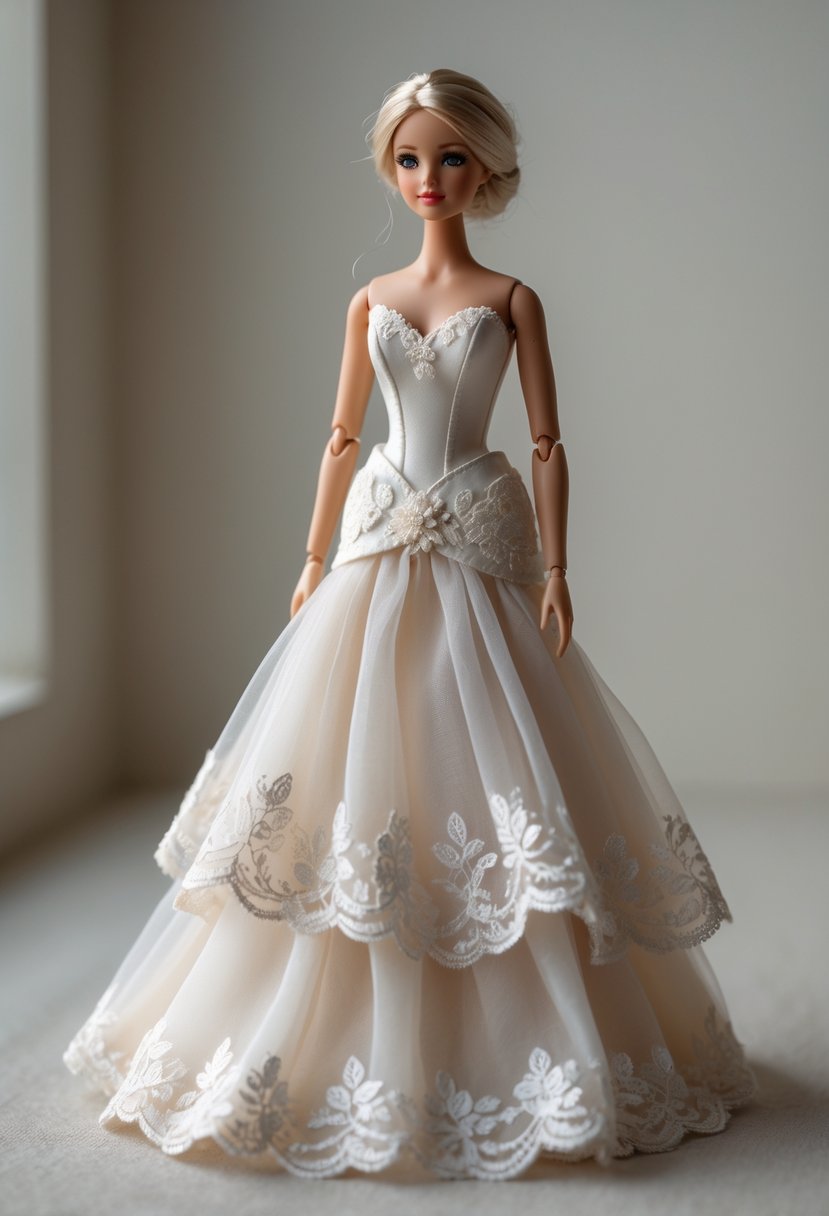 A custom doll wearing a miniature romantic wedding dress standing on a plain background.