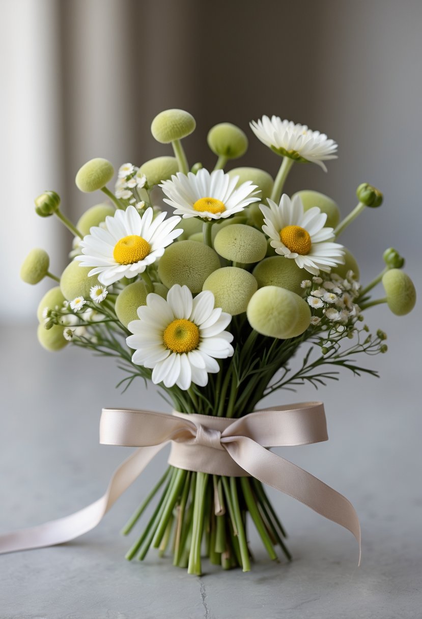 A small bouquet of button mums and chamomile flowers tied with a ribbon.