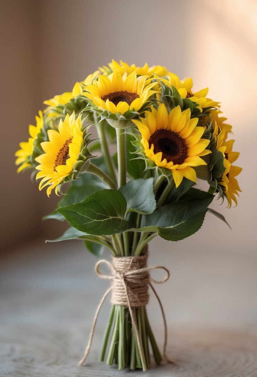 A small bouquet of mini sunflowers wrapped in natural jute twine on a neutral background.