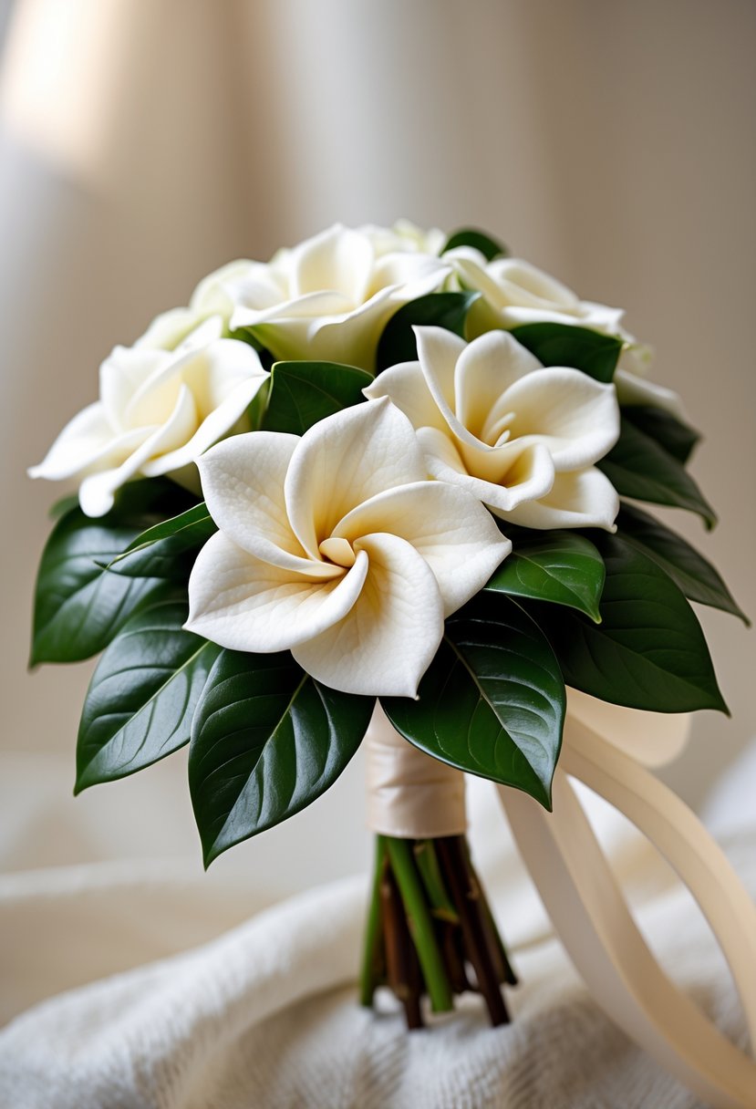 A small cluster of white gardenia flowers arranged as a simple wedding bouquet with green leaves and a neutral ribbon.