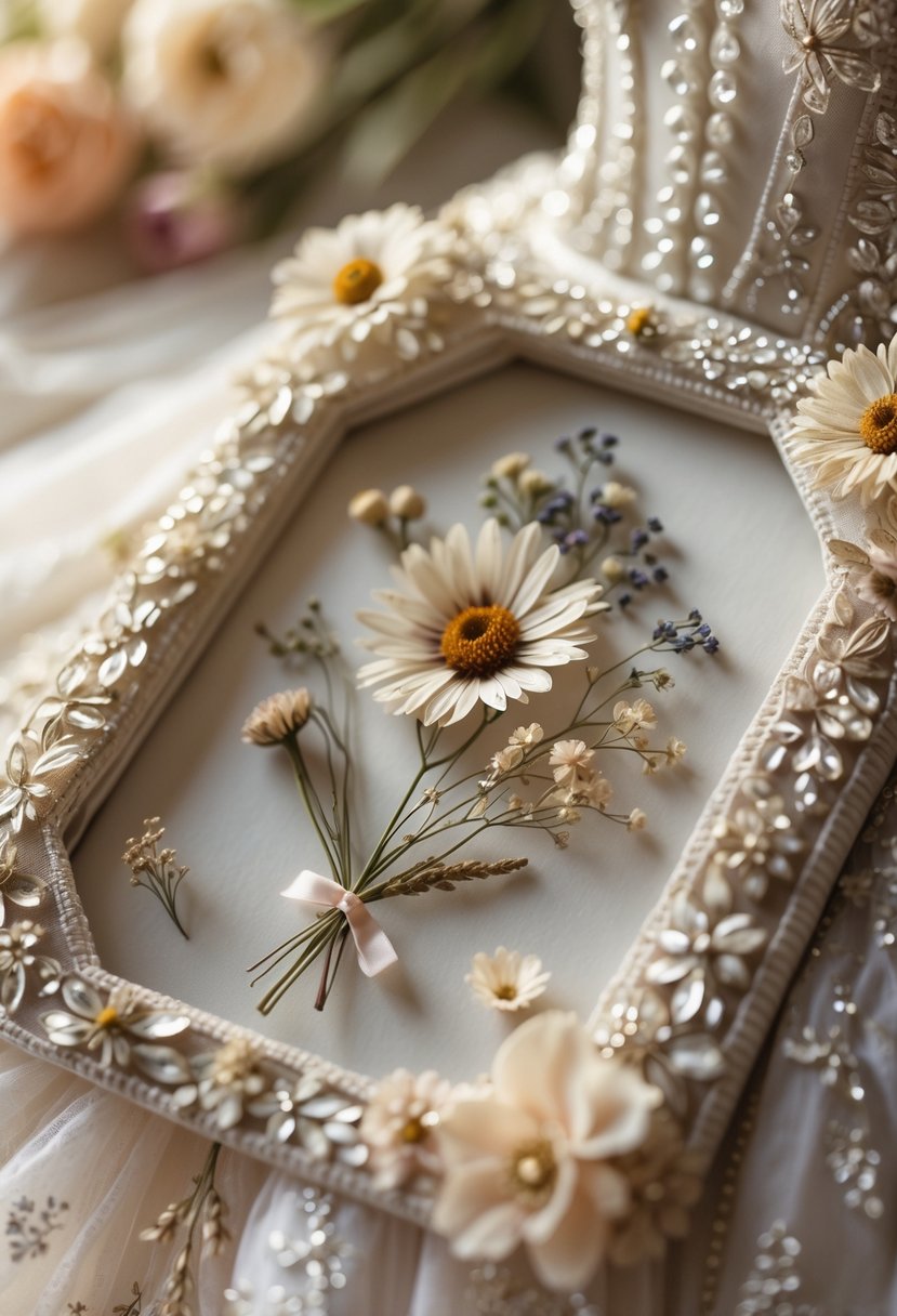 A pressed flower frame made from dried flowers and dress embellishments, displayed as a romantic wedding keepsake.