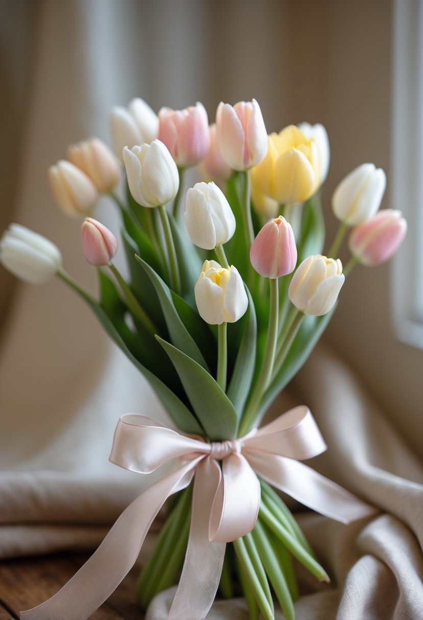 A small bouquet of tulips tied with a silk ribbon resting on a neutral background.