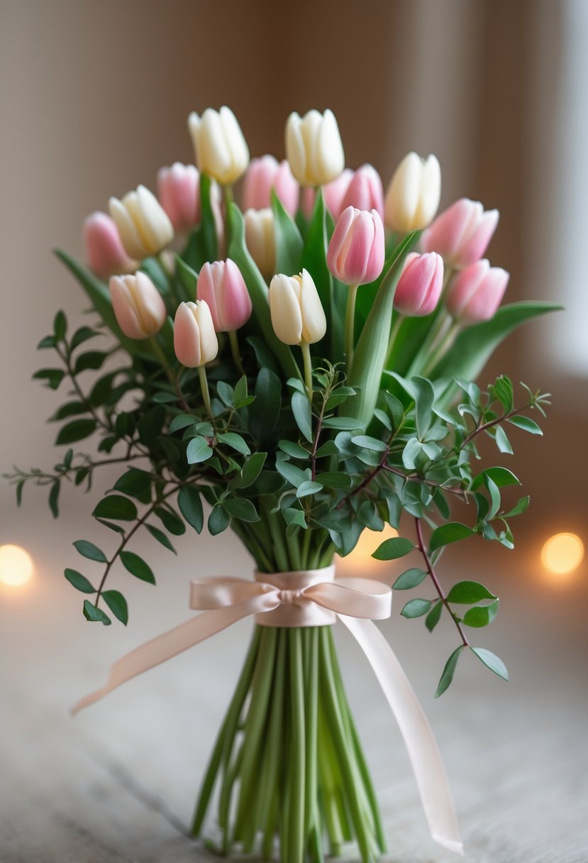 A small wedding bouquet made of pink and white tulips with green myrtle leaves held together by a ribbon.