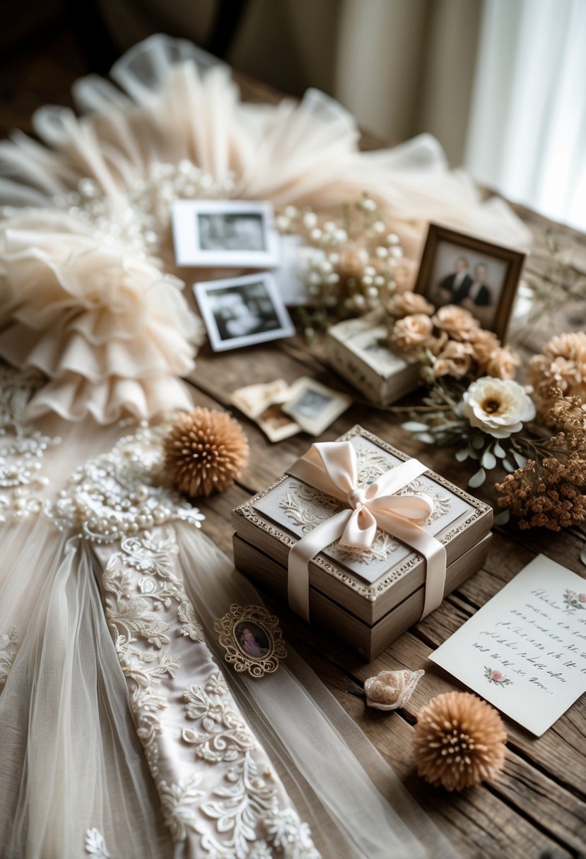 A collection of wedding dress fabric pieces and keepsakes arranged on a wooden table with photographs and dried flowers.