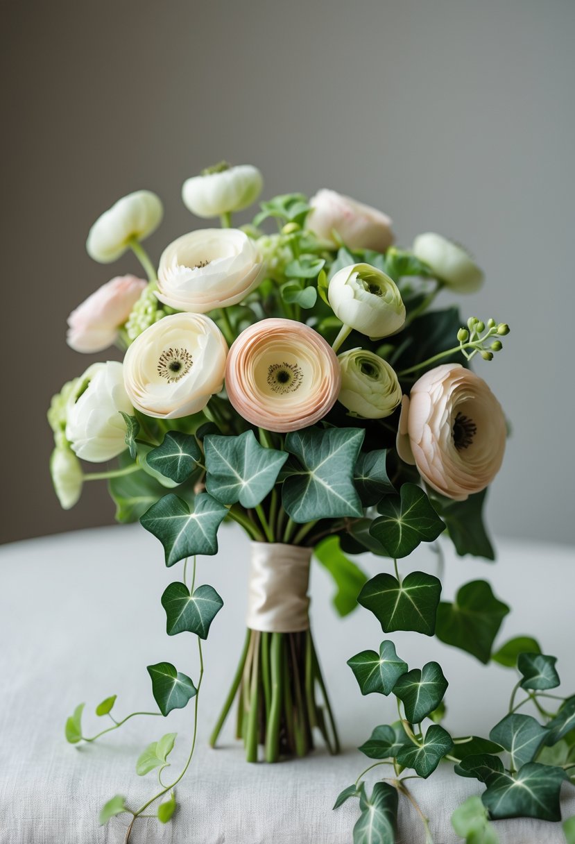 A small wedding bouquet with pale ranunculus flowers and green ivy leaves.