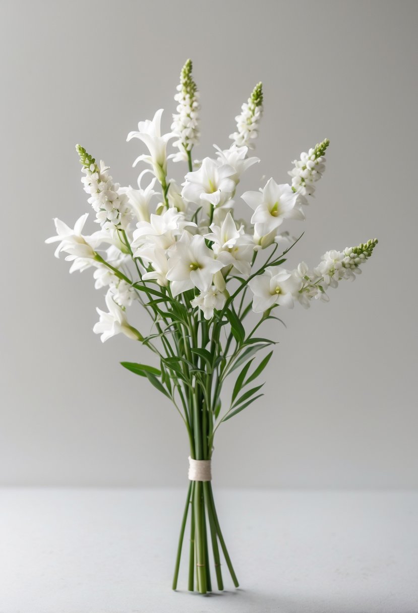 A small bouquet of white freesia flowers with green stems against a plain background.