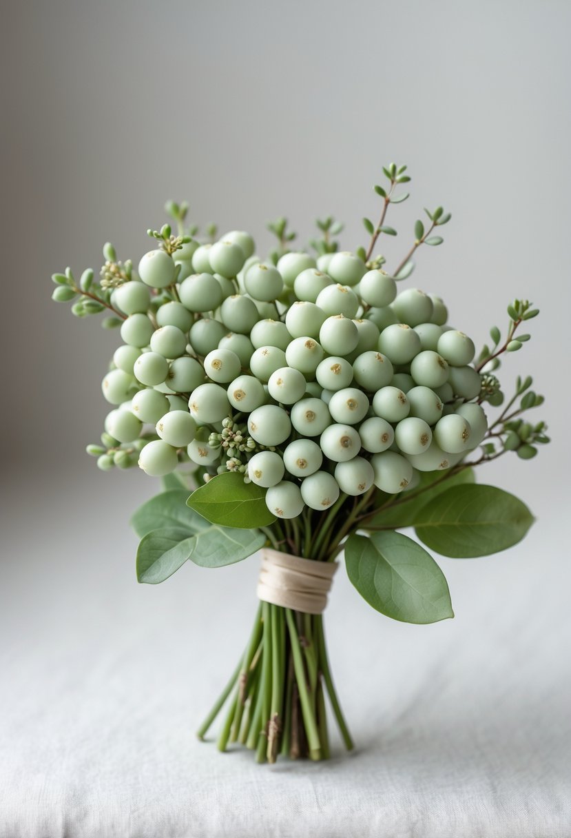 A small bouquet of light green hypericum berries with green leaves against a neutral background.