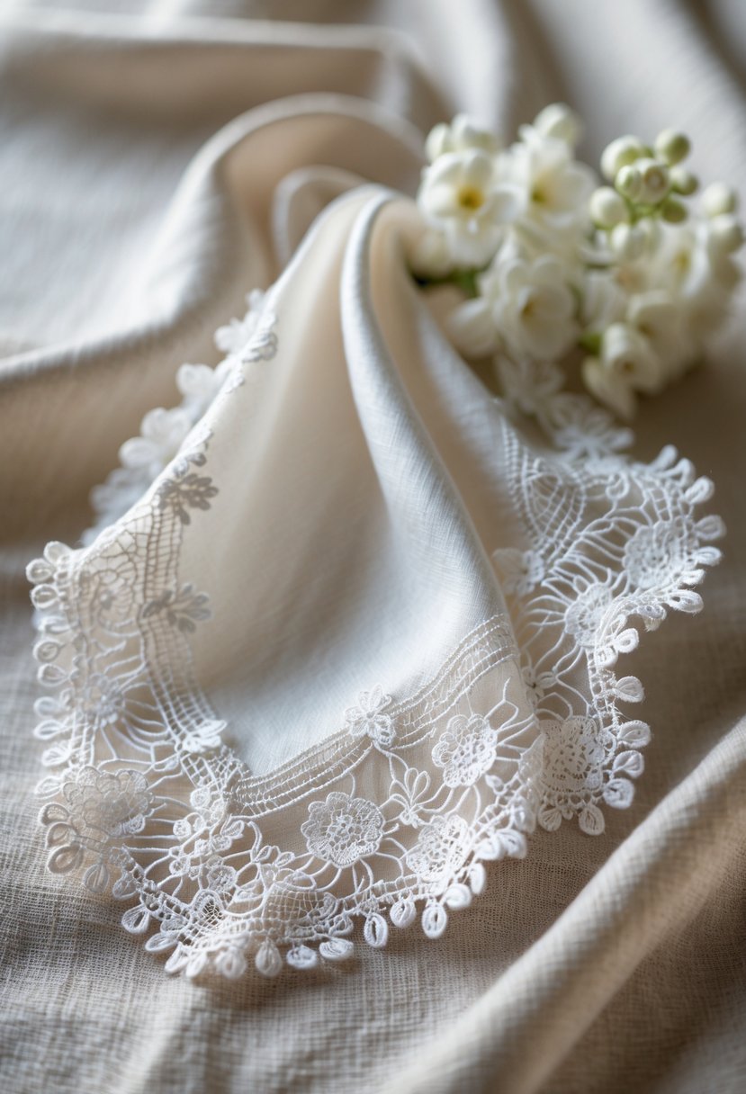 Close-up of a delicate handkerchief with white lace trim resting on soft fabric.