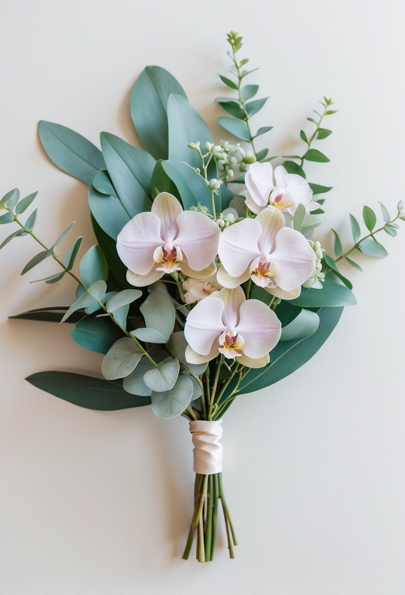 A small wedding bouquet with orchids and eucalyptus leaves on a neutral background.
