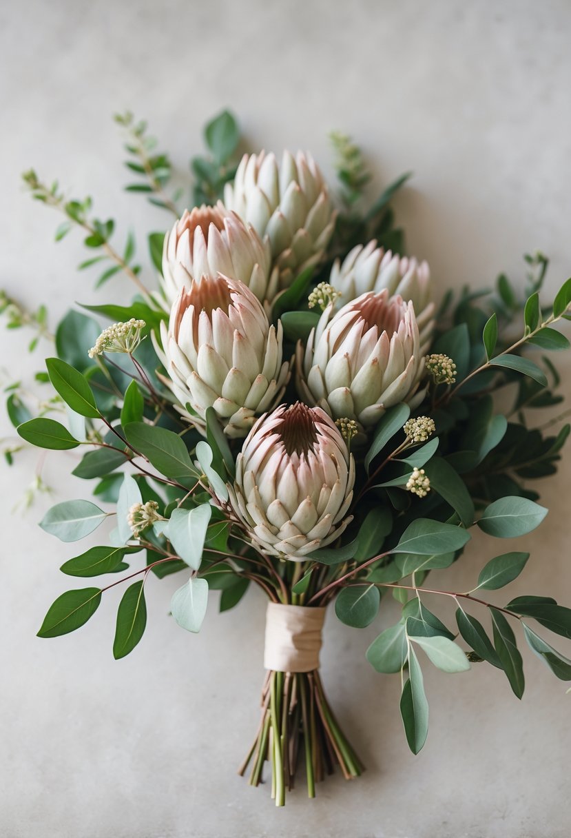 A small wedding bouquet made of protea flowers and green ruscus leaves on a plain background.