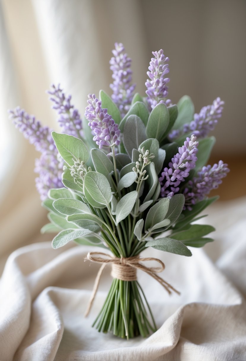 A small bouquet of lavender flowers and sage leaves resting on a light surface.