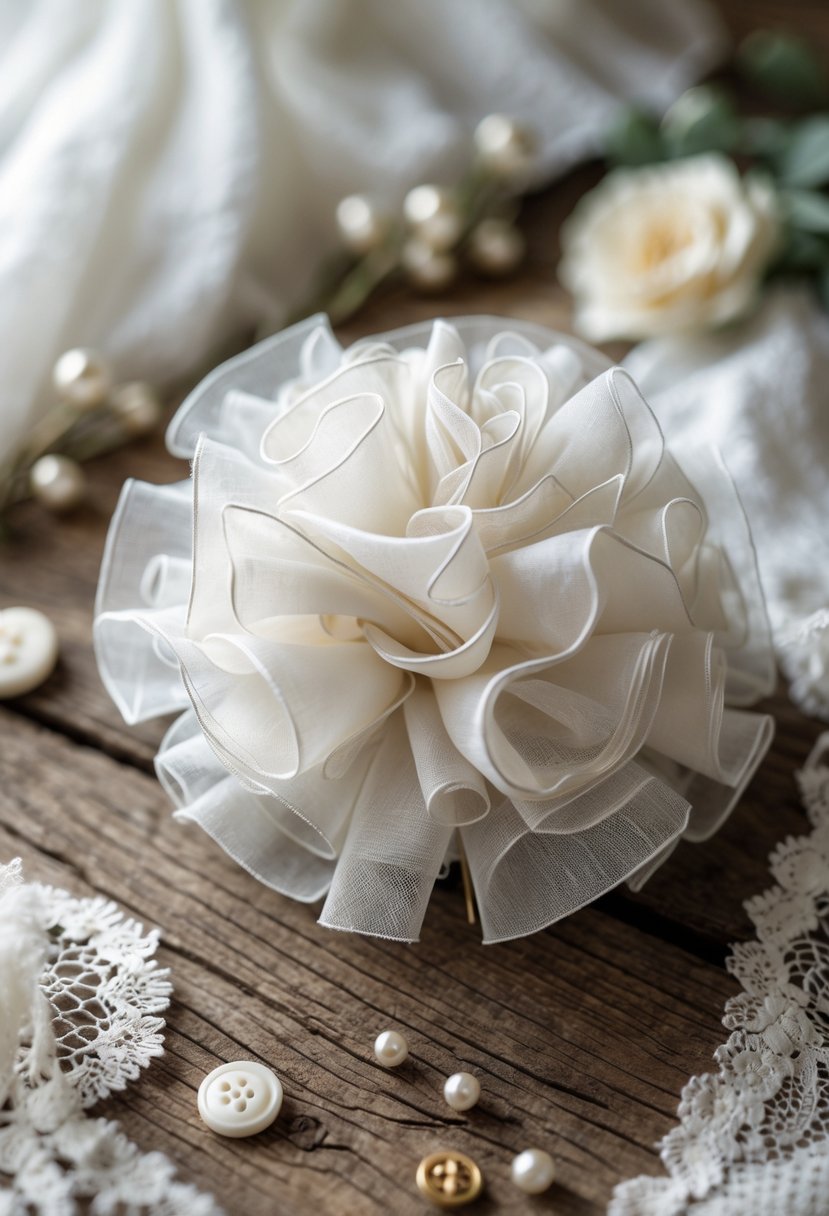 A close-up of a corsage made from wedding dress fabric placed on a wooden table with small wedding keepsake items around it.