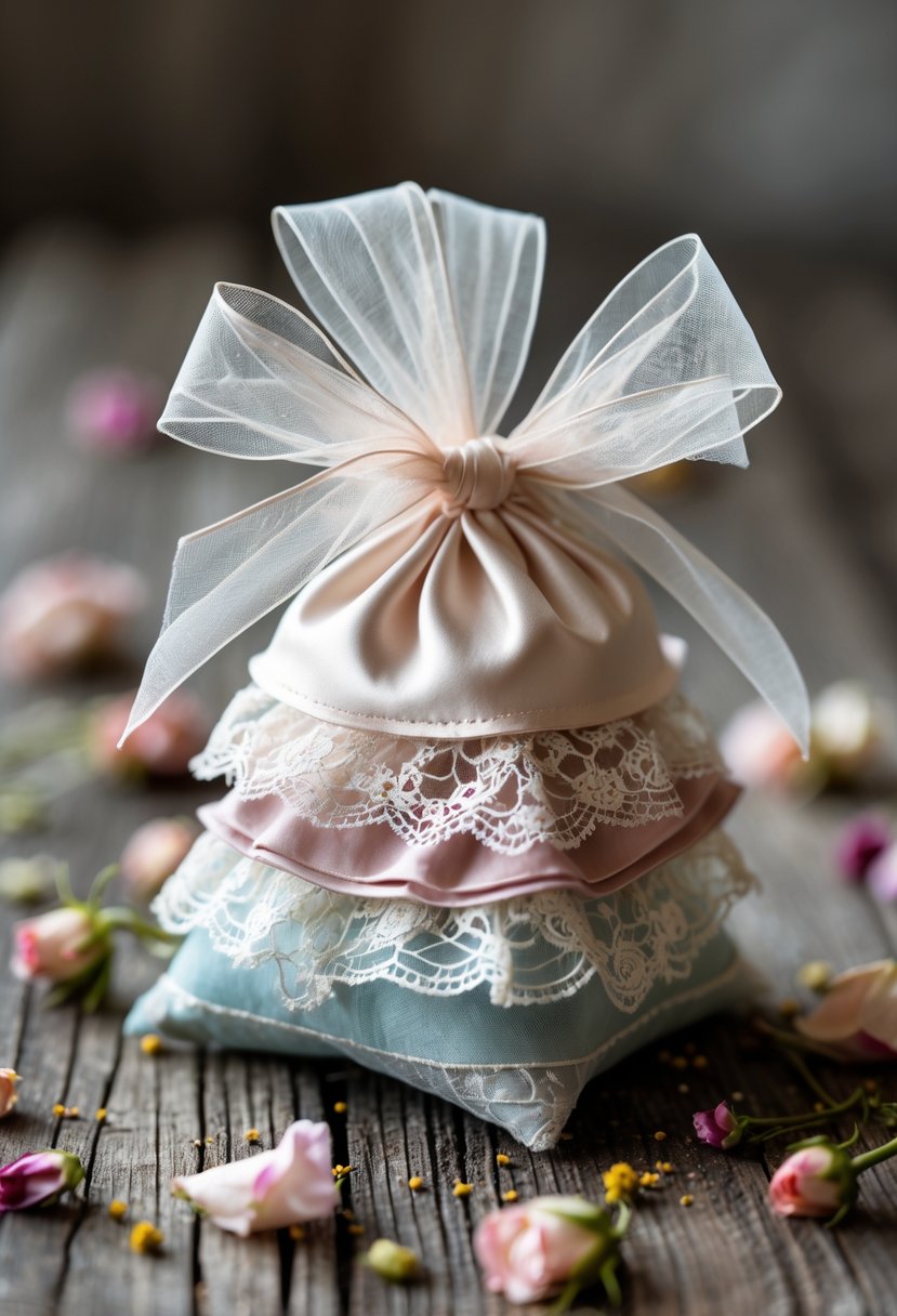A small fabric sachet made from wedding dress scraps tied with a ribbon, placed on a wooden surface with dried flowers and rose petals.