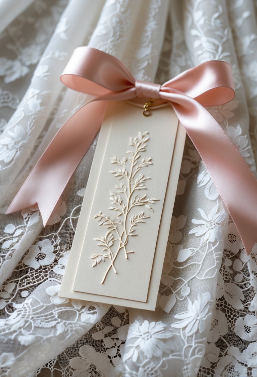 A bookmark wrapped in a pink satin ribbon resting on white lace fabric.