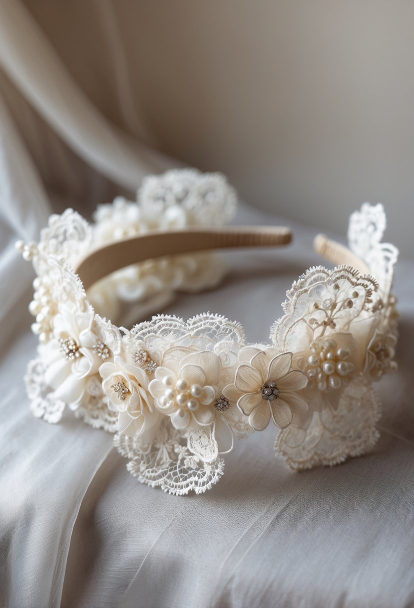 Close-up of an elegant lace headband designed as a romantic wedding keepsake, displayed on a soft neutral background.