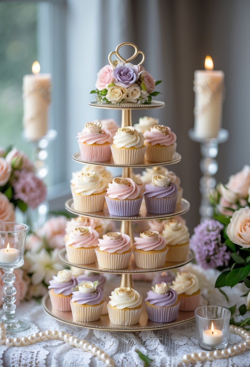 A multi-tiered stand with pastel-colored cupcakes decorated with floral frosting on a lace-covered table surrounded by flowers and candles.