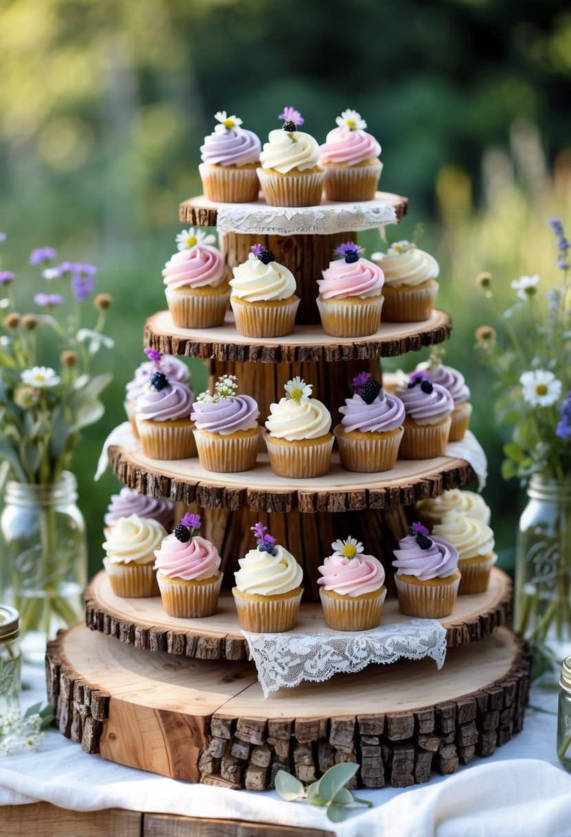 Cupcakes arranged on a wooden tiered stand decorated with flowers and ribbons on a wooden table outdoors.