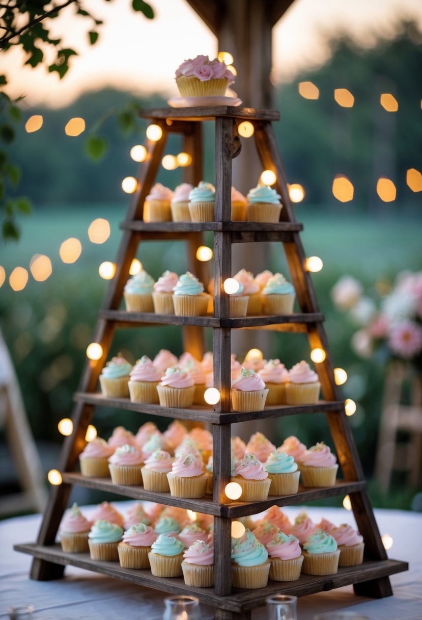 Wooden ladder tiered cupcake stand decorated with fairy lights holding multiple cupcakes outdoors.