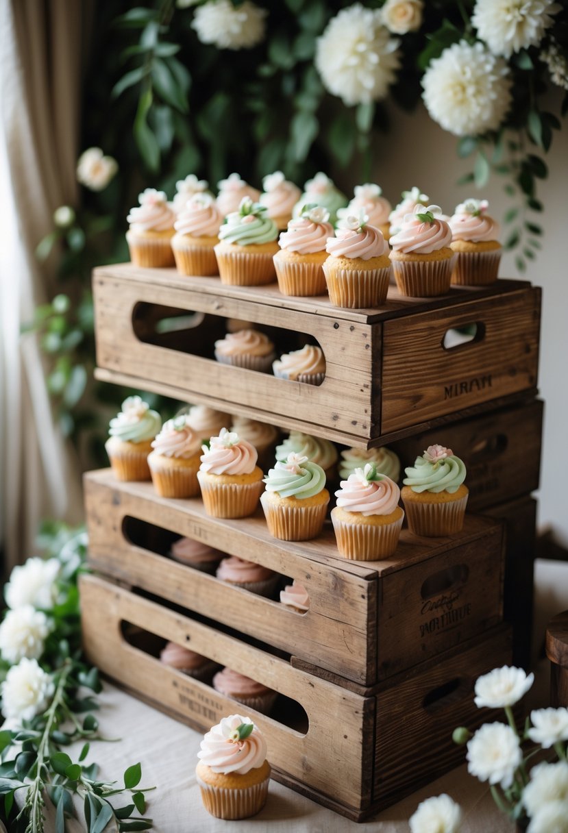 A wedding cupcake display arranged on stacked vintage wooden crates with pastel-colored cupcakes and floral decorations.