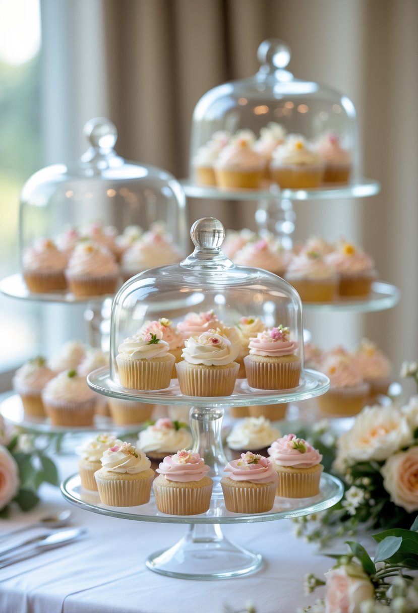 Multiple glass cloche stands displaying decorated cupcakes on a white table with floral accents.