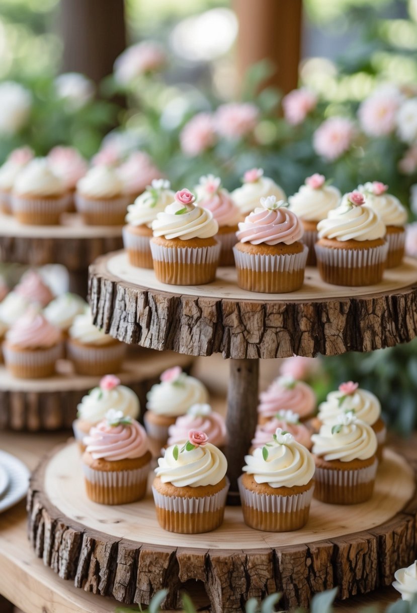 Cupcakes arranged on wooden tree slice platters on a table with a blurred garden background.