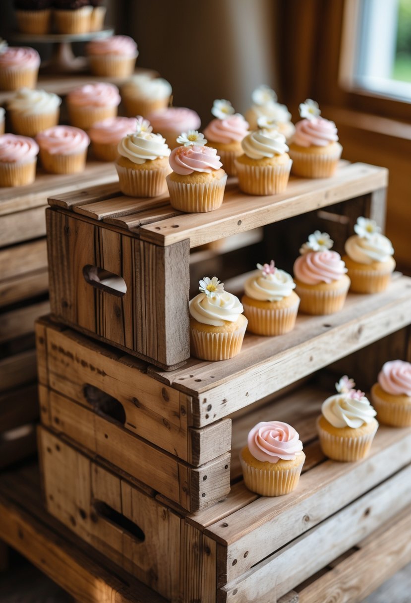 Stacked wooden crates used as tiers displaying cupcakes decorated for a wedding.