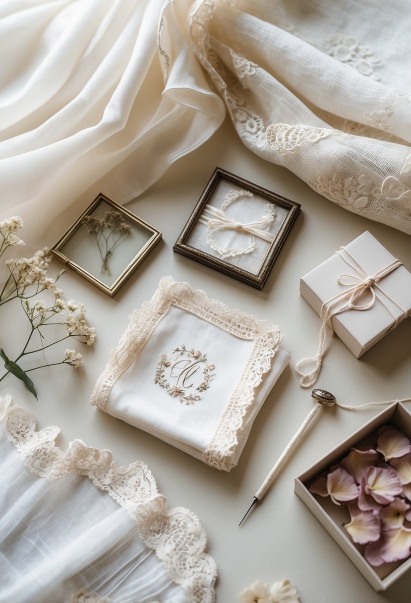 A flat lay of wedding dress keepsake items including fabric swatches, a lace frame, an embroidered handkerchief, a sewing needle with thread, and dried flower petals on a soft surface.